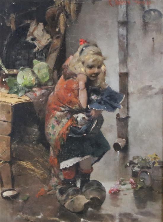 Raphael Ambros (1854-1895) Kitten seller sheltering in the rain 12 x 9.25in.